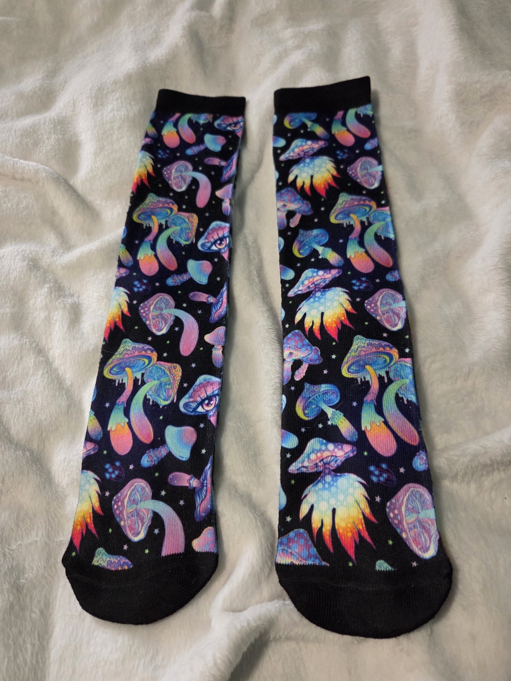 Novelty Black Crew Socks with Neon Mushroom Print